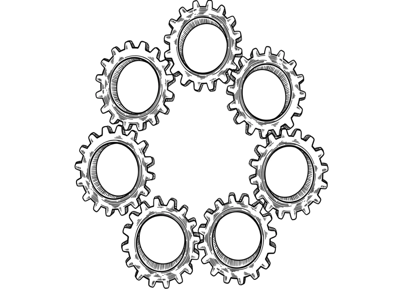 7 gears forming a large gear unit representing synergism by Alfredo Álvarez-Frías the Lifestyle Pill Coach