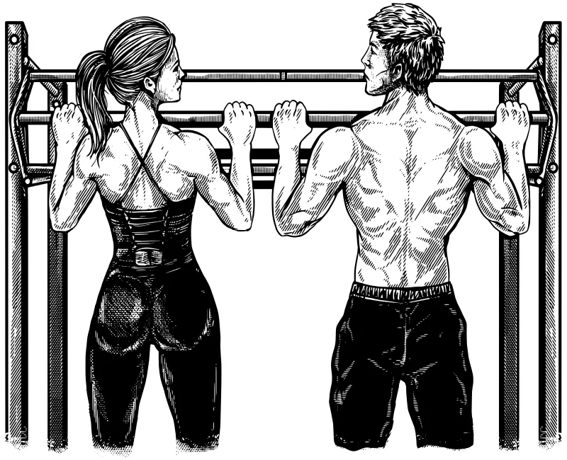 A man and a woman doing pull ups on the same bar looking at each other by Alfredo Álvarez-Frías the Lifestyle Pill Coach